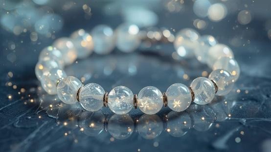 Läbipaistvatest kuukivi helmestest käevõru lähivaates