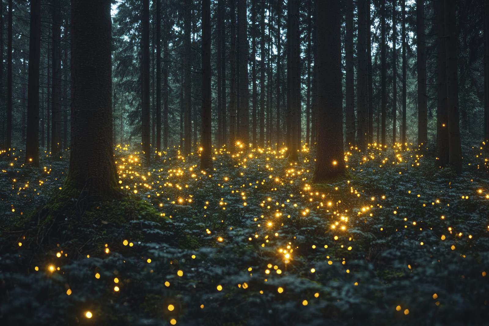 Pime mets, mille põrandat katavad kuldselt helendavad tuled, luues muinasjutulise ja maagilise meeleolu