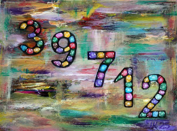 Värvikas abstraktne maal numbritega 39, 7 ja 12, mis sümboliseerivad isiklikku energiakoodi ja eluteed