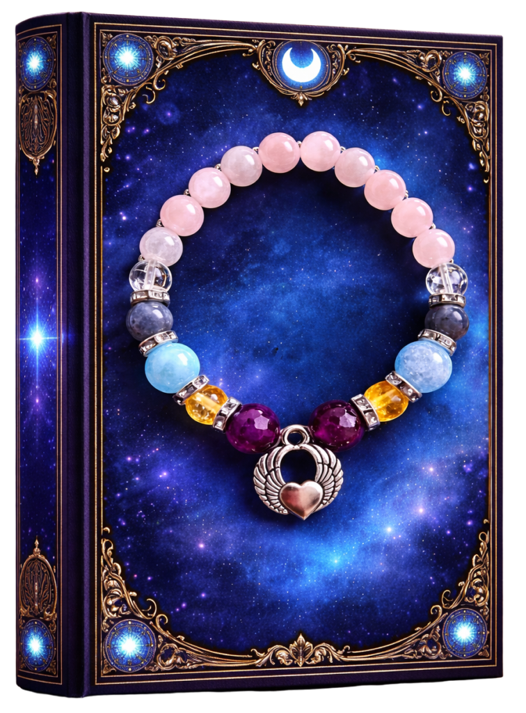 Edukuse koodi käevõru roosa kvartsiga ja südameripatsiga raamatu kaanel