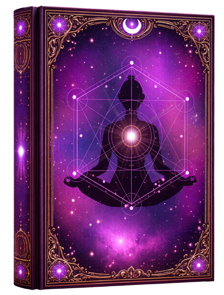 Lilla vaimne päevik meditatsiooni silueti ja püha geomeetriaga kosmilisel taustal