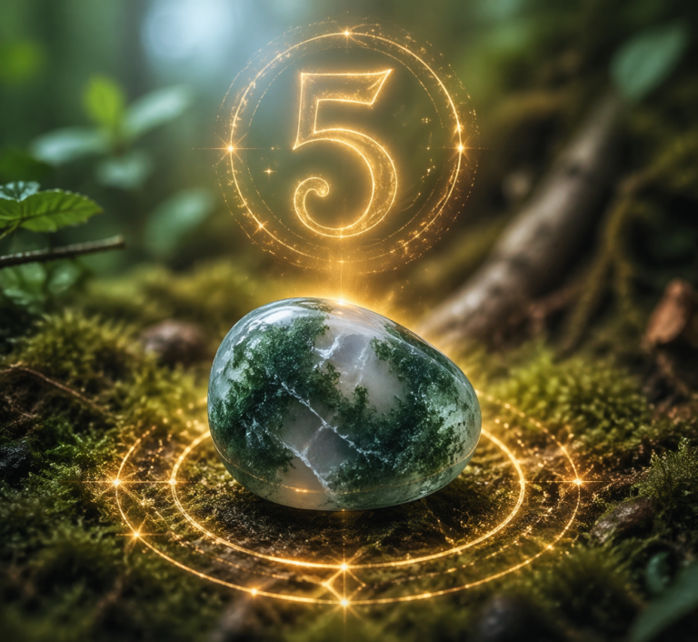 Sammalahhaat kivi metsapinnal, kohal helendav number 5 ja kuldne energia ring
