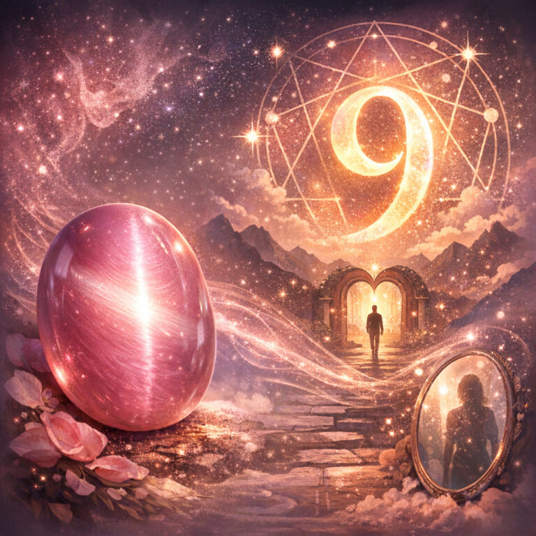 Roosa kassisilm-kristall helendab kosmilises maastikus, taustal särav number 9 ja tähed