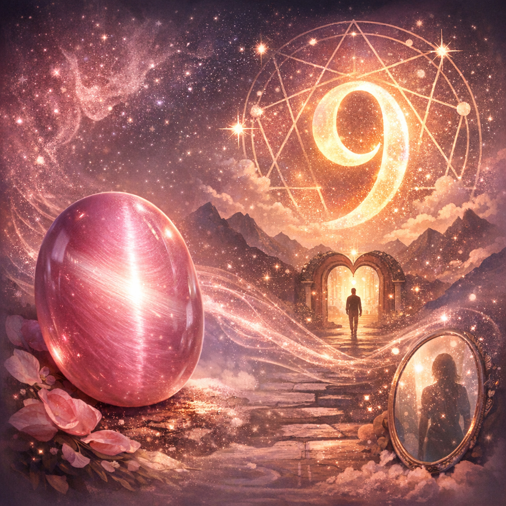 Roosa kassisilm-kristall helendab kosmilises maastikus, taustal särav number 9 ja tähed