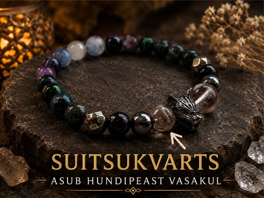Suitsukvartsiga kristallkäevõru tumedate helmeste ja draakonipeaga dekoratiivsel taustal.