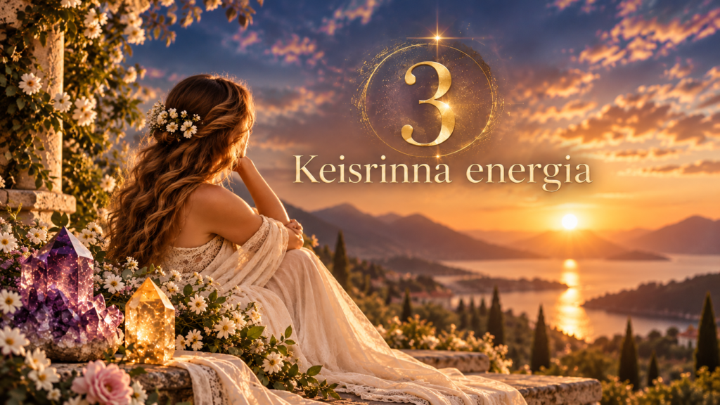 Keisrinna energia number 3 – kuldse päikeseloojangu taustal istuv naine, lilled ja säravad kristallid.